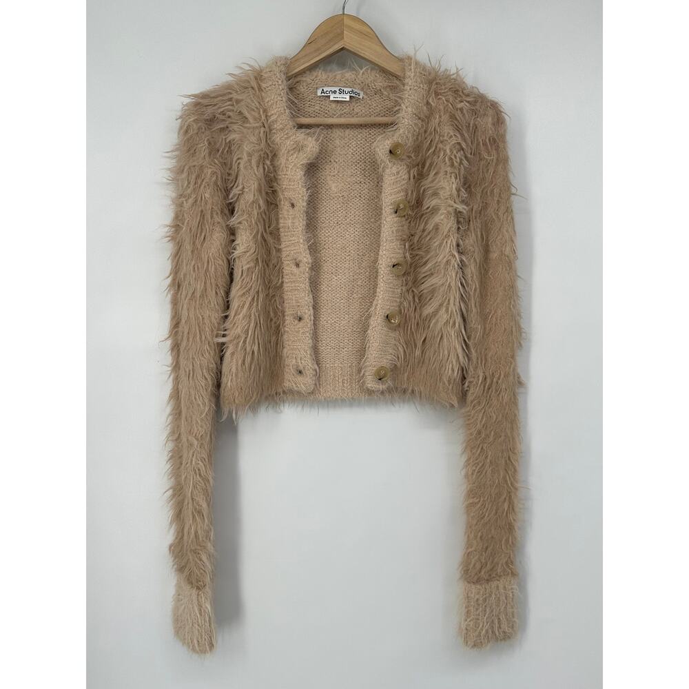 ACNE STUDIOS Kradi Textured Cardigan Faux Fur Chunky Knit Cropped Sweater Tan - Picture 11 of 16
